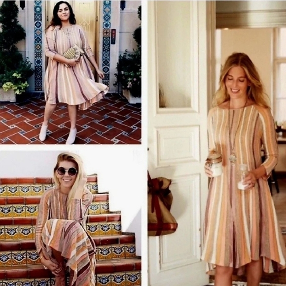 Moth Anthropologie Nora Dress Ribbed  Boho Neutral Coral Pink Cream Dress Size L - Picture 10 of 12